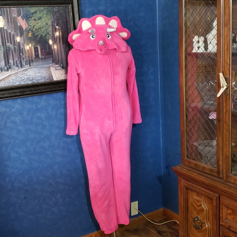 XS Pink Plush Triceratops Dinosaur Pajama PJs Zip